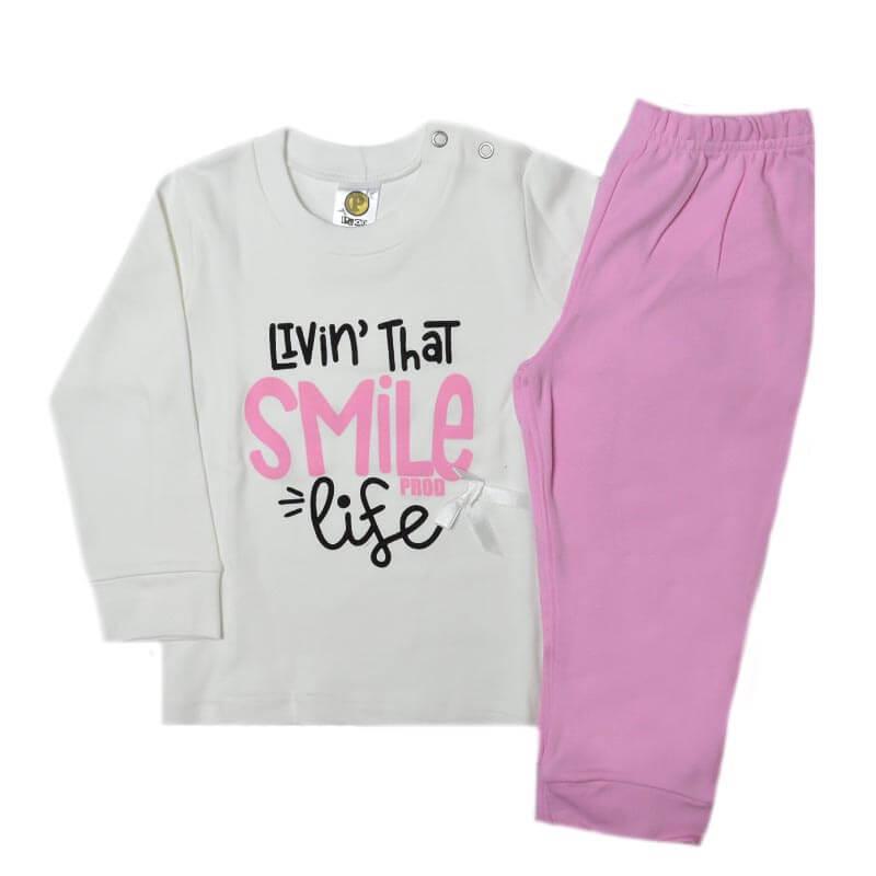 Πυτζάμα μπλούζα εκρού με φιογκάκι και παντελόνι ροζ PROD