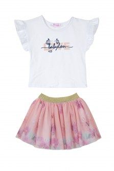 Babylon σετ μπλούζα με τούλινη φούστα λευκό  ροζ Image 0