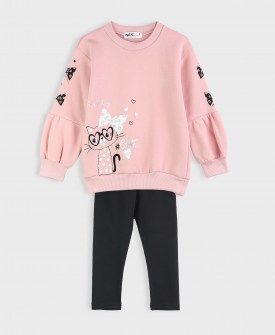 Nekidswear σετ φόρμα φούτερ με βολάν στο μανίκι και κολάν ροζ μαύρο Image 0