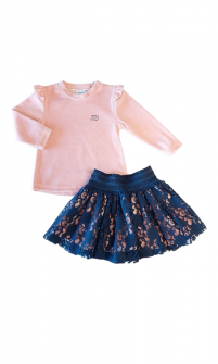 Sweet baby σετ βελούδινη μπλούζα ροζ και δαντελένια φούστα μπλε Image 0