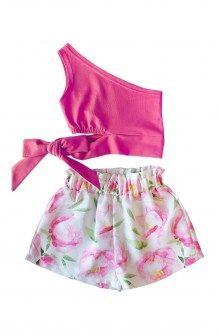 Sweet baby σετ μπλουζάκι φούξια με ένα ώμο και σορτςλευκό floral Image 0