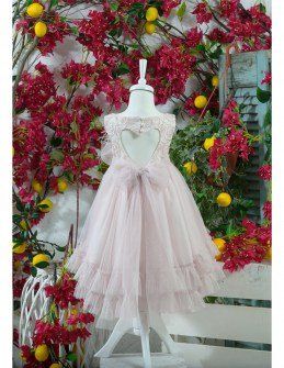 Marilli’s House Βαπτιστικό Φόρεμα  ασύμμετρο  ροζ  με άνοιγμα στην πλάτη  και  μπολερό και μπαντάνα Image 1