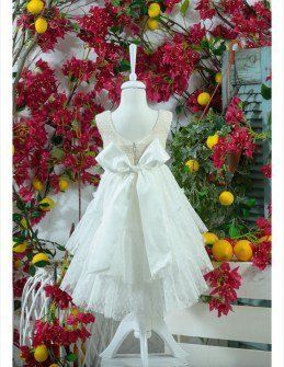 Marilli’s House Βαπτιστικό Φόρεμα λευκό ασύμμετρο  με κέντημα  και μπολερό με μπαντάνα Image 1