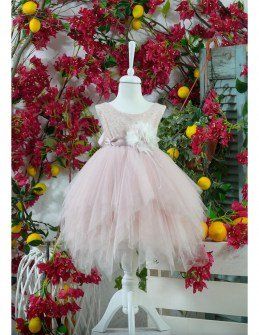 Marilli’s House Βαπτιστικό Φόρεμα  ροζ τούλι με  γκλιτερ και μπολερό και μπαντάνα Image 0