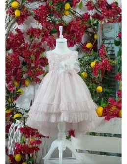 Marilli’s House Βαπτιστικό Φόρεμα  ασύμμετρο  ροζ  με άνοιγμα στην πλάτη  και  μπολερό και μπαντάνα Image 0