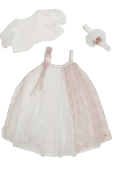 Mak baby βαπτιστικό φόρεμα λευκό/ροζ με δαντέλα μπολερό και κορδέλα Image 1